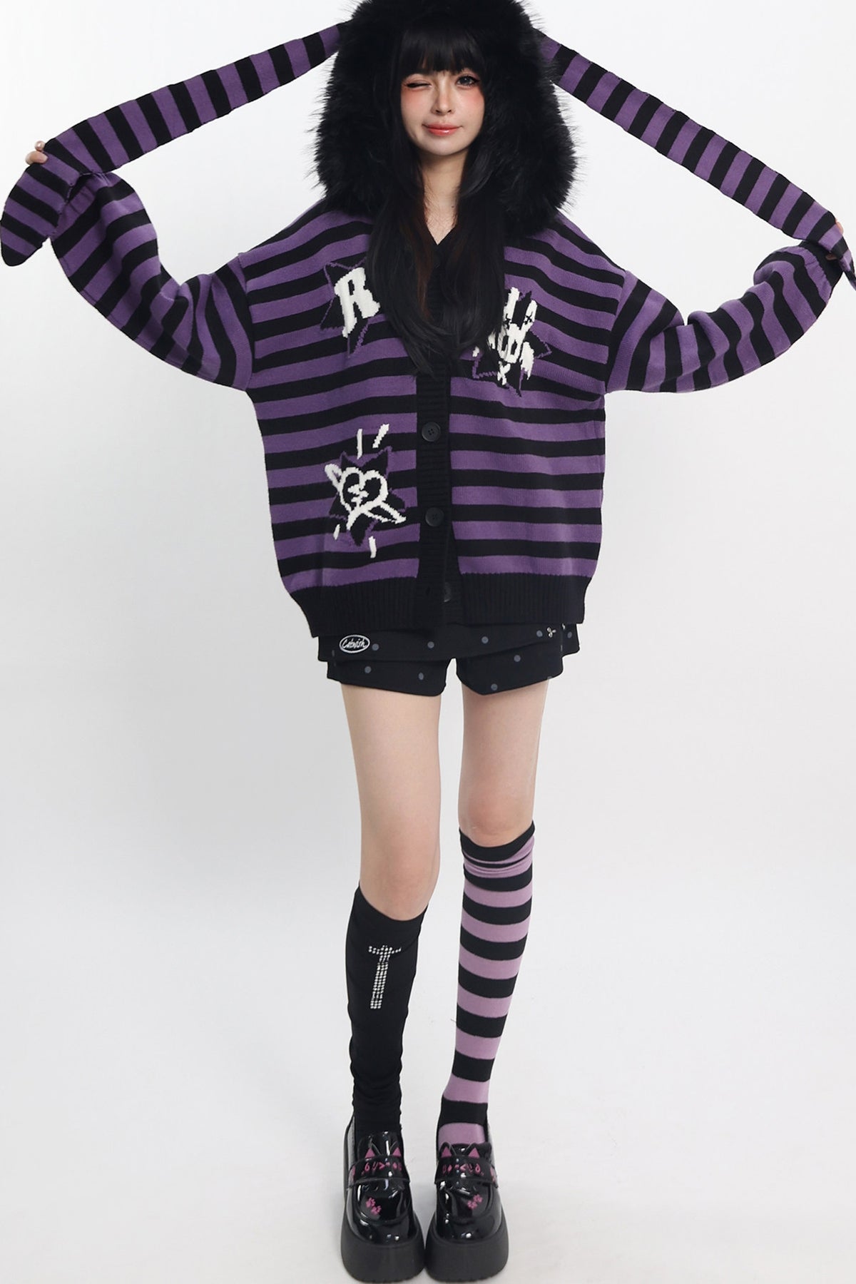 Y2K Purple Striped Fur Collar Cardigan
