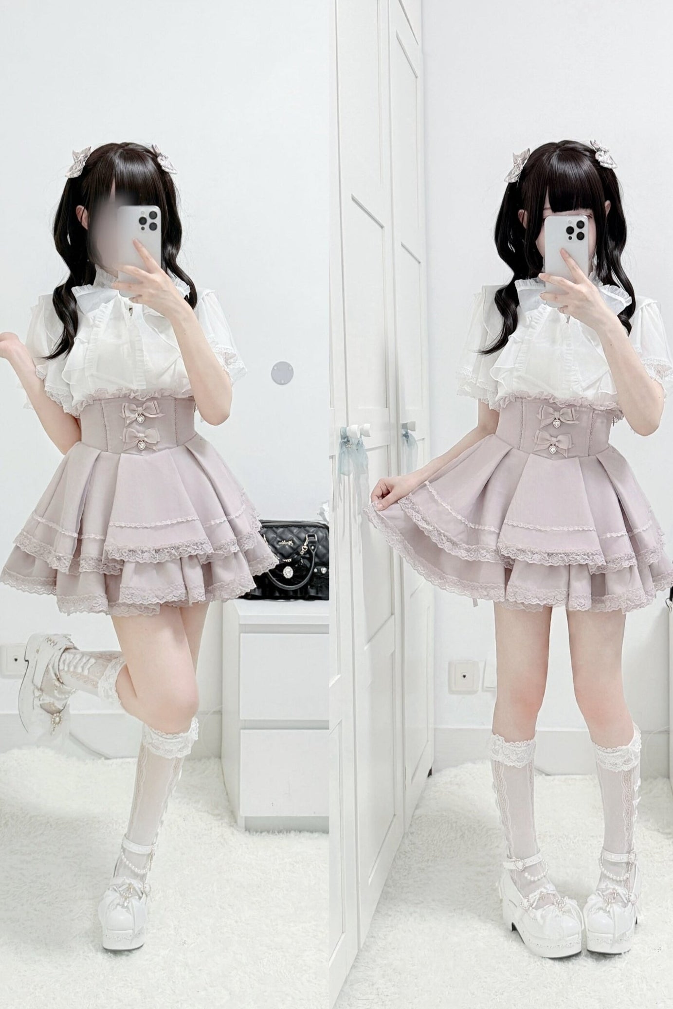 Lace Butterfly-Sleeve Blouse+Skirt