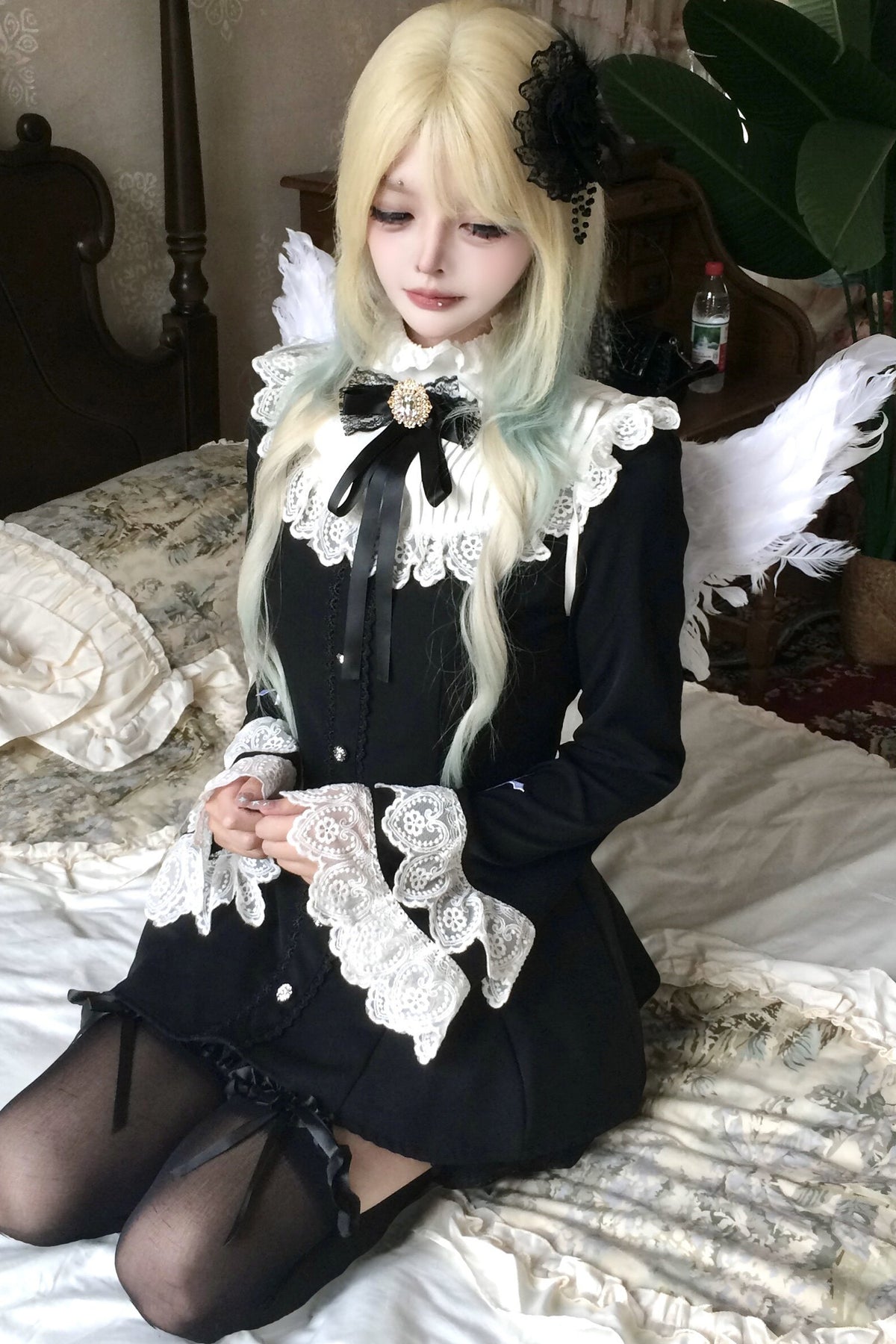 Black Lace Bell-Sleeve Bow Dress