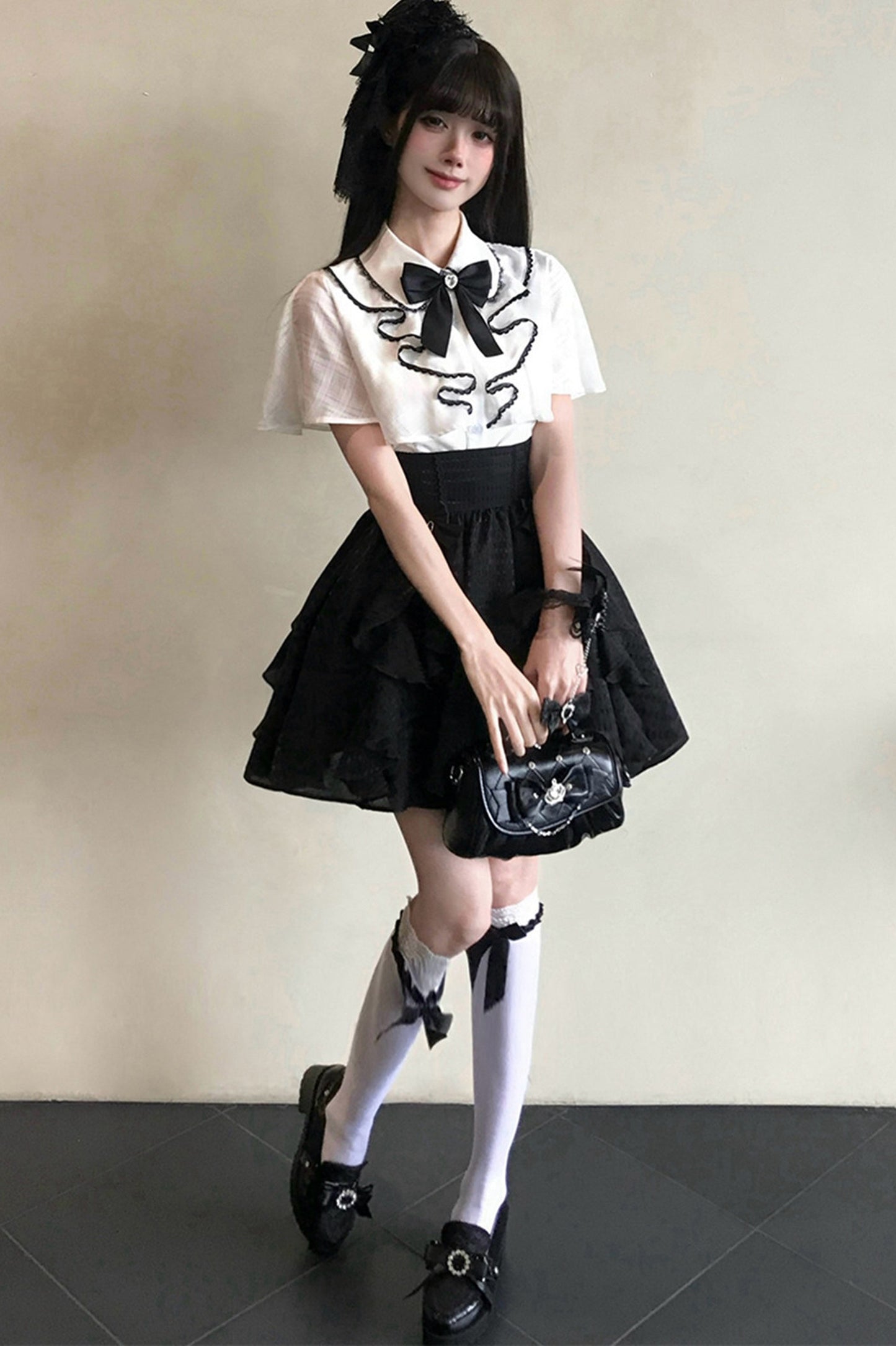 Black-White Cape Blouse And Plaid Skirt Set-Up