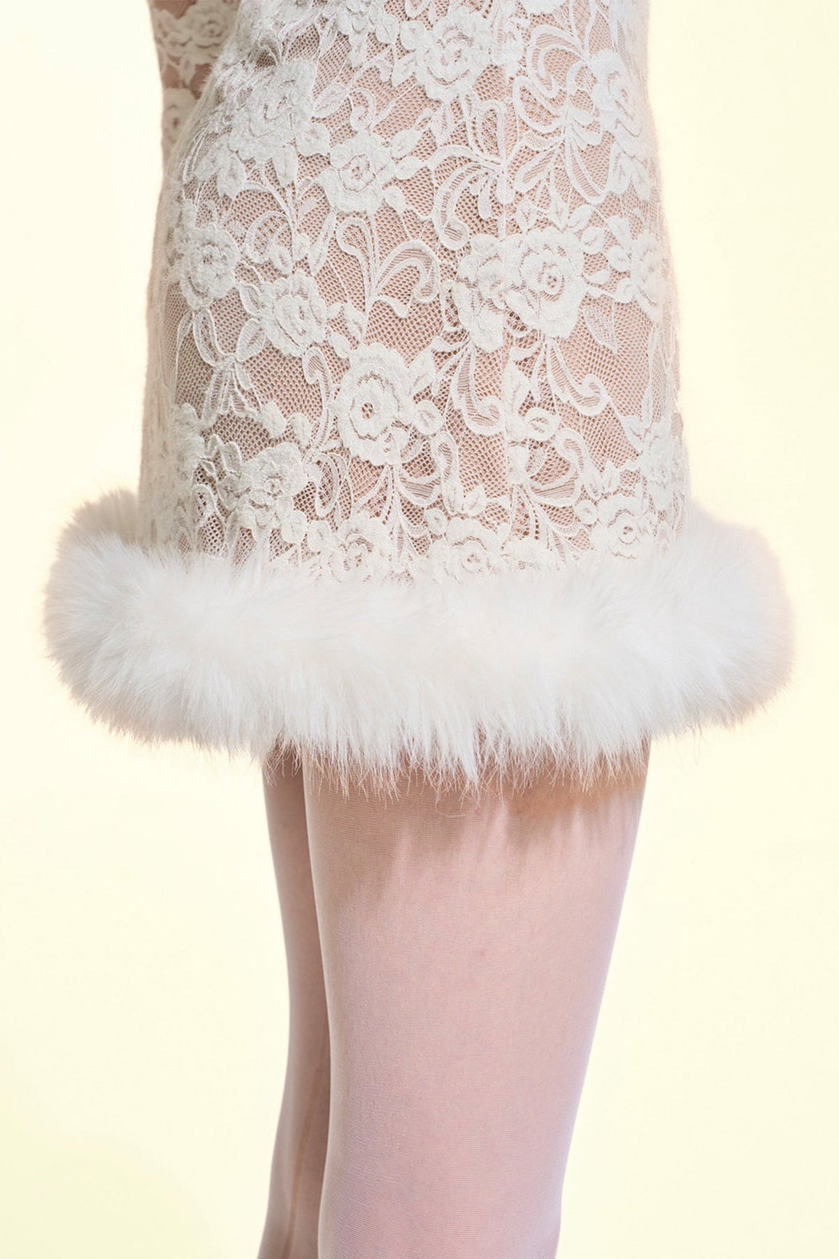 Lace Fur-Trimmed Long Sleeve Dress
