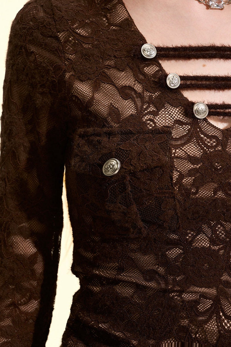 Metal Buckle V-Neck Lace Blouse