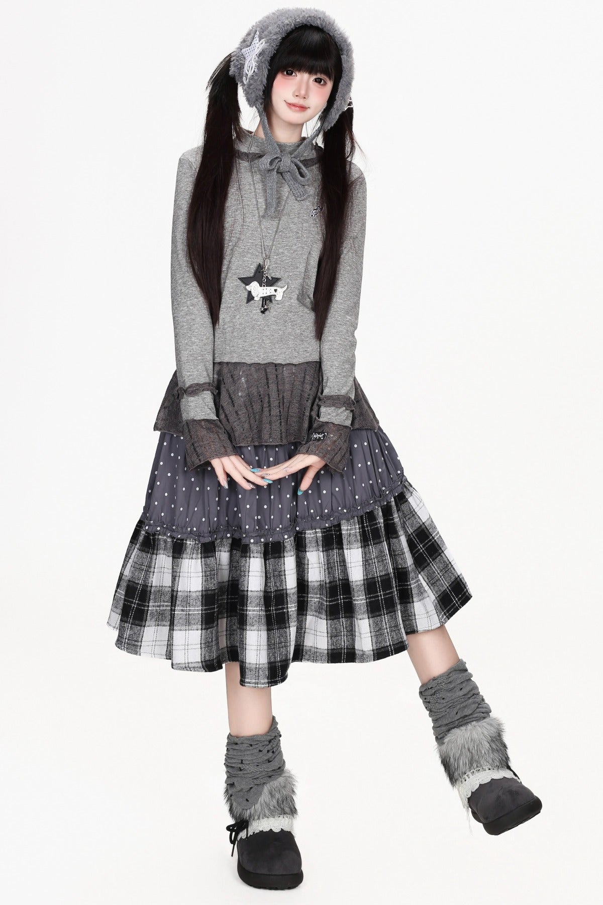 Patchwork Polka Dot Plaid Skirt
