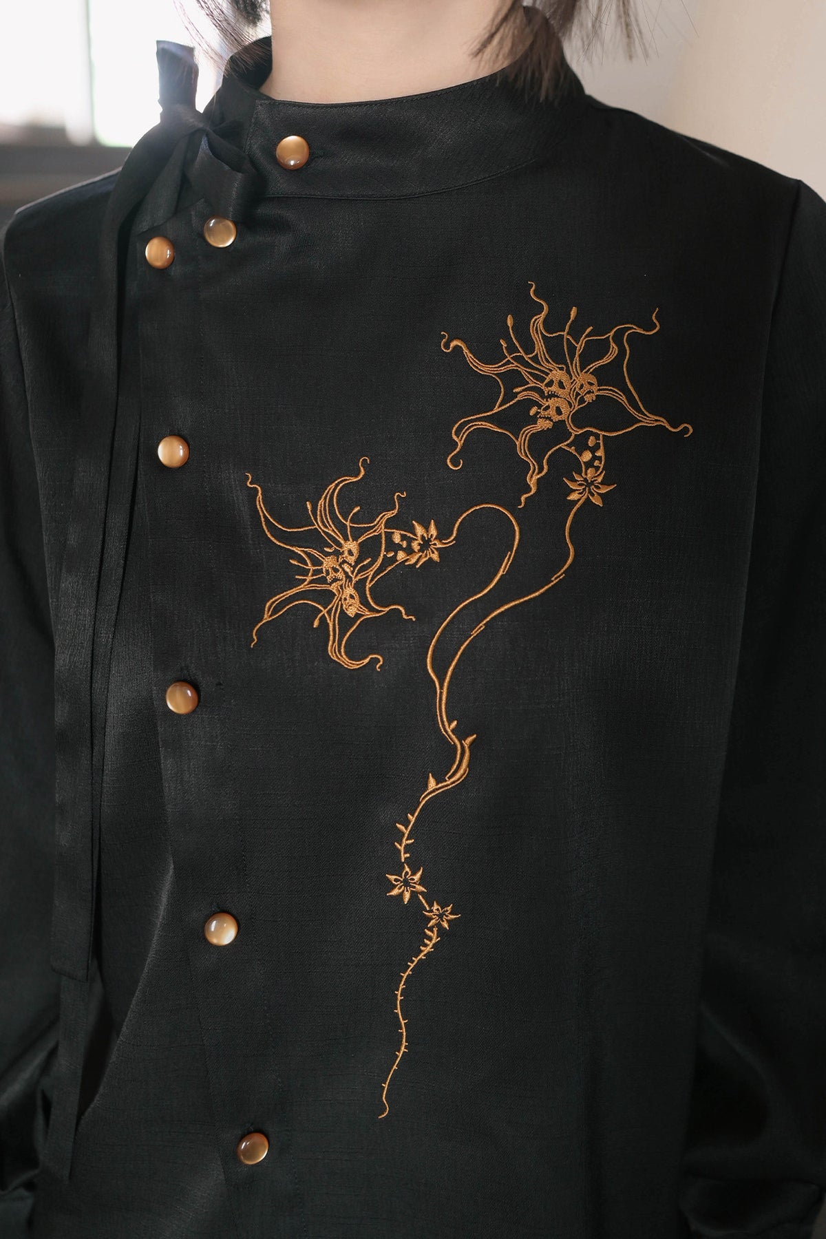 Mandala Embroidered Lace-Up Diagonal Placket Shirt