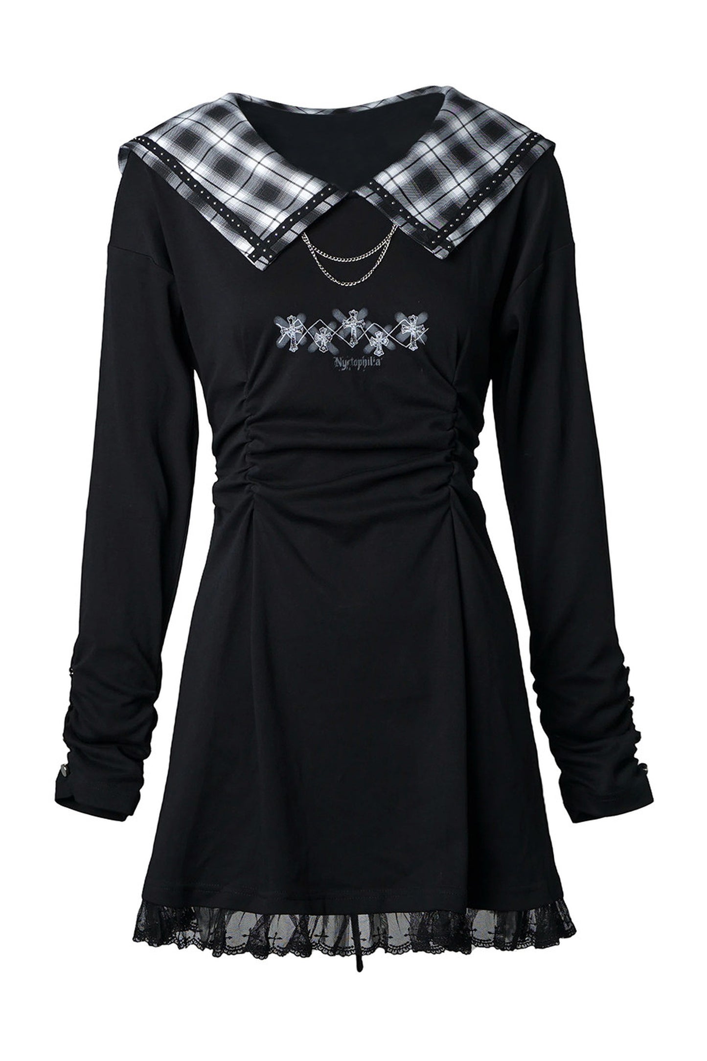 Plaid Collar Pleated Long Black Dress