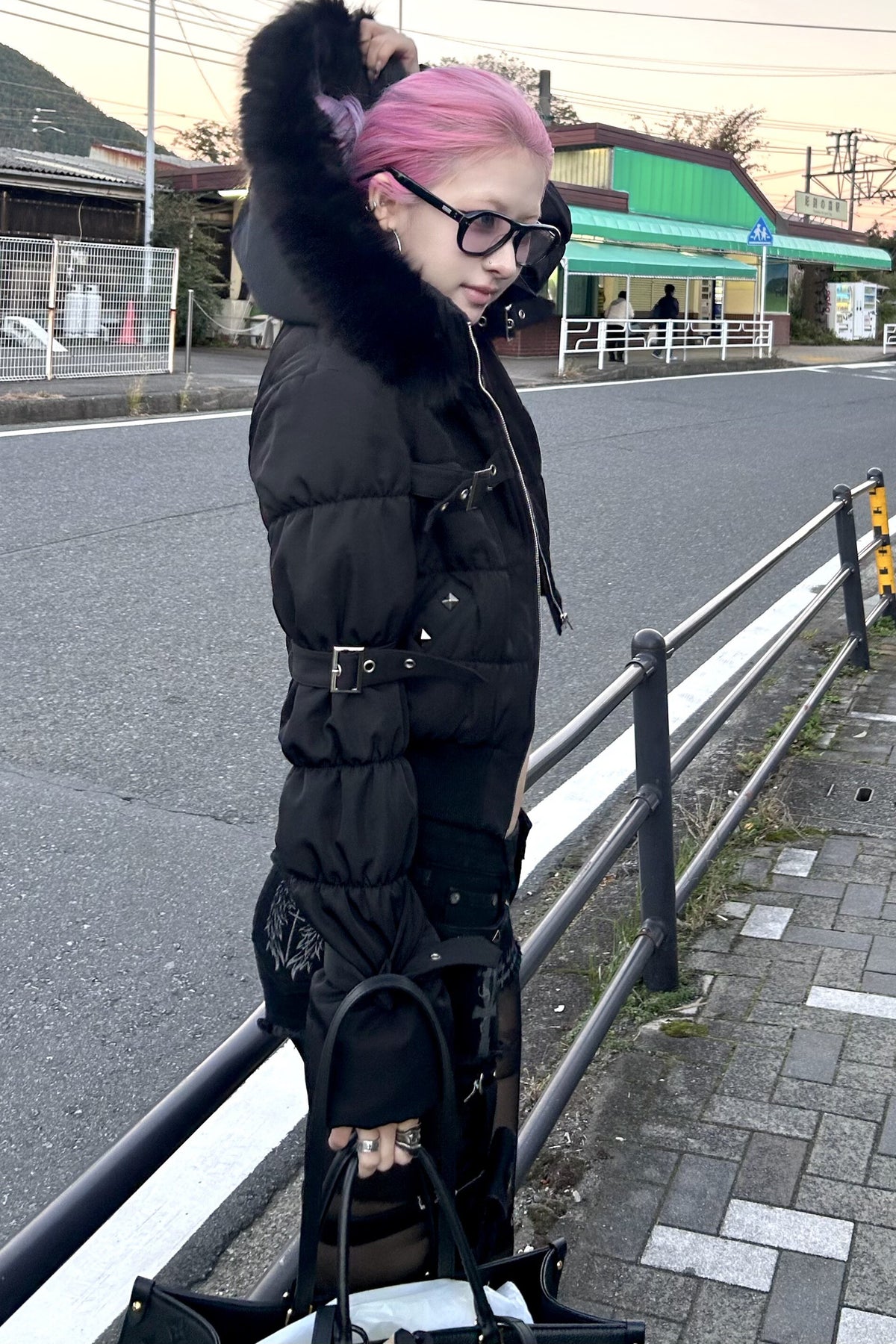 Pink Strap Detachable Collar Padded Jacket