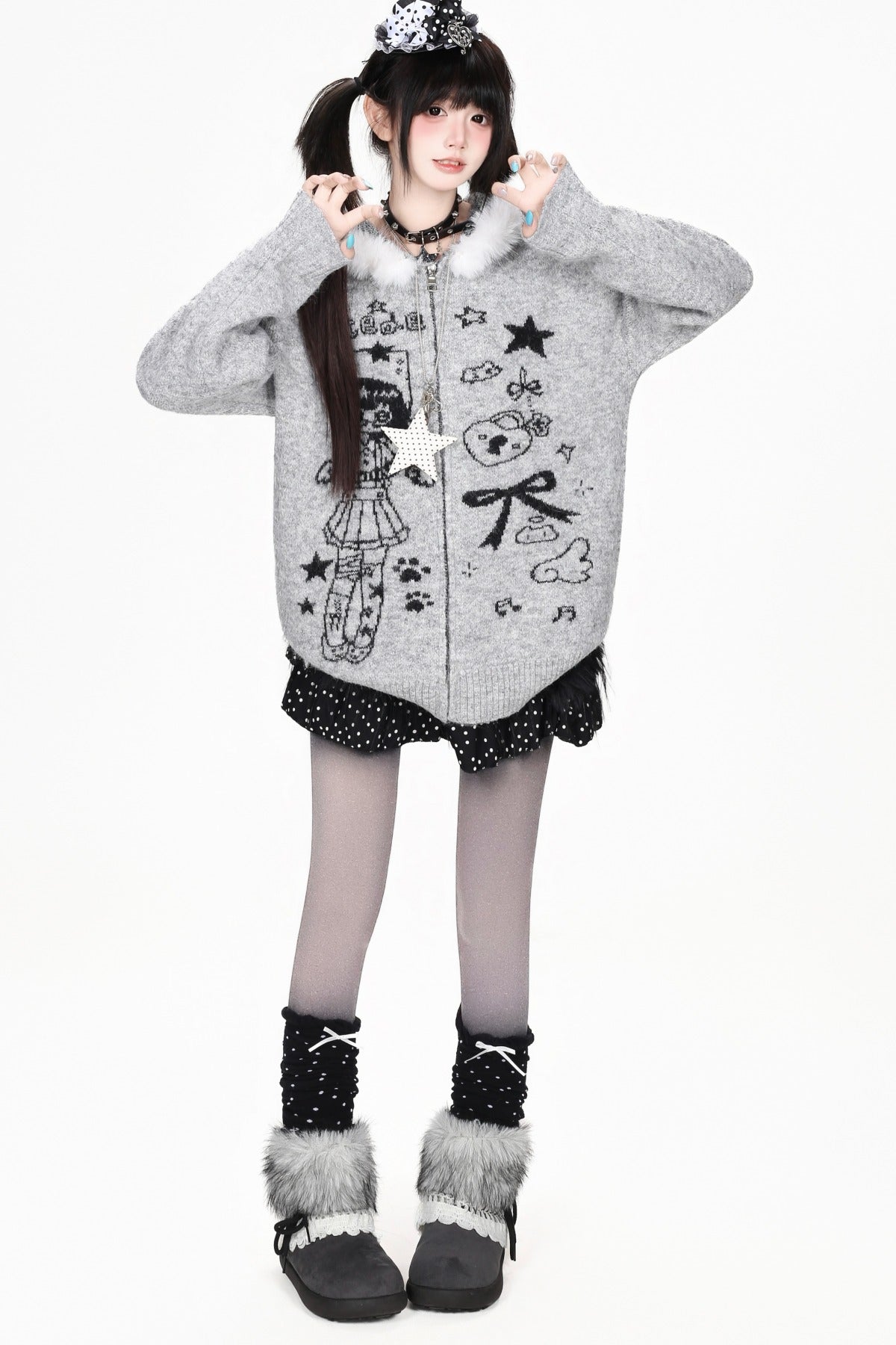 Veste en fourrure zippée à imprimé fille anime