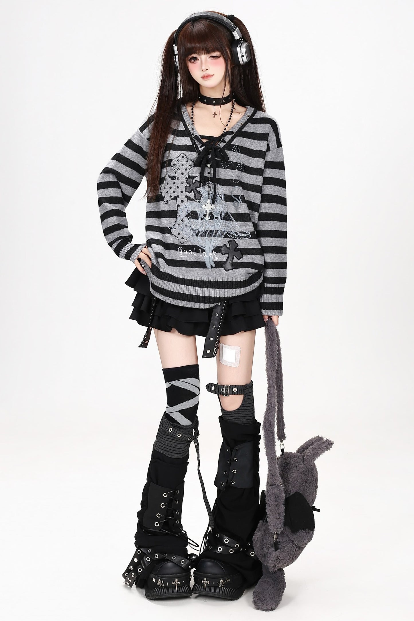 Strappy V-Neck Striped Pullover Sweater