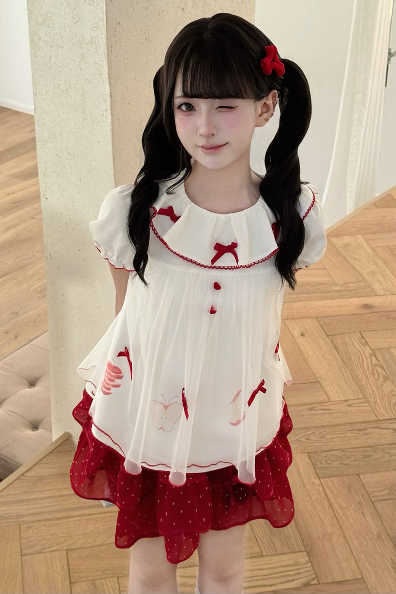 Loose Colorblock Apple Print Babydoll Top and Skirt Set-Up