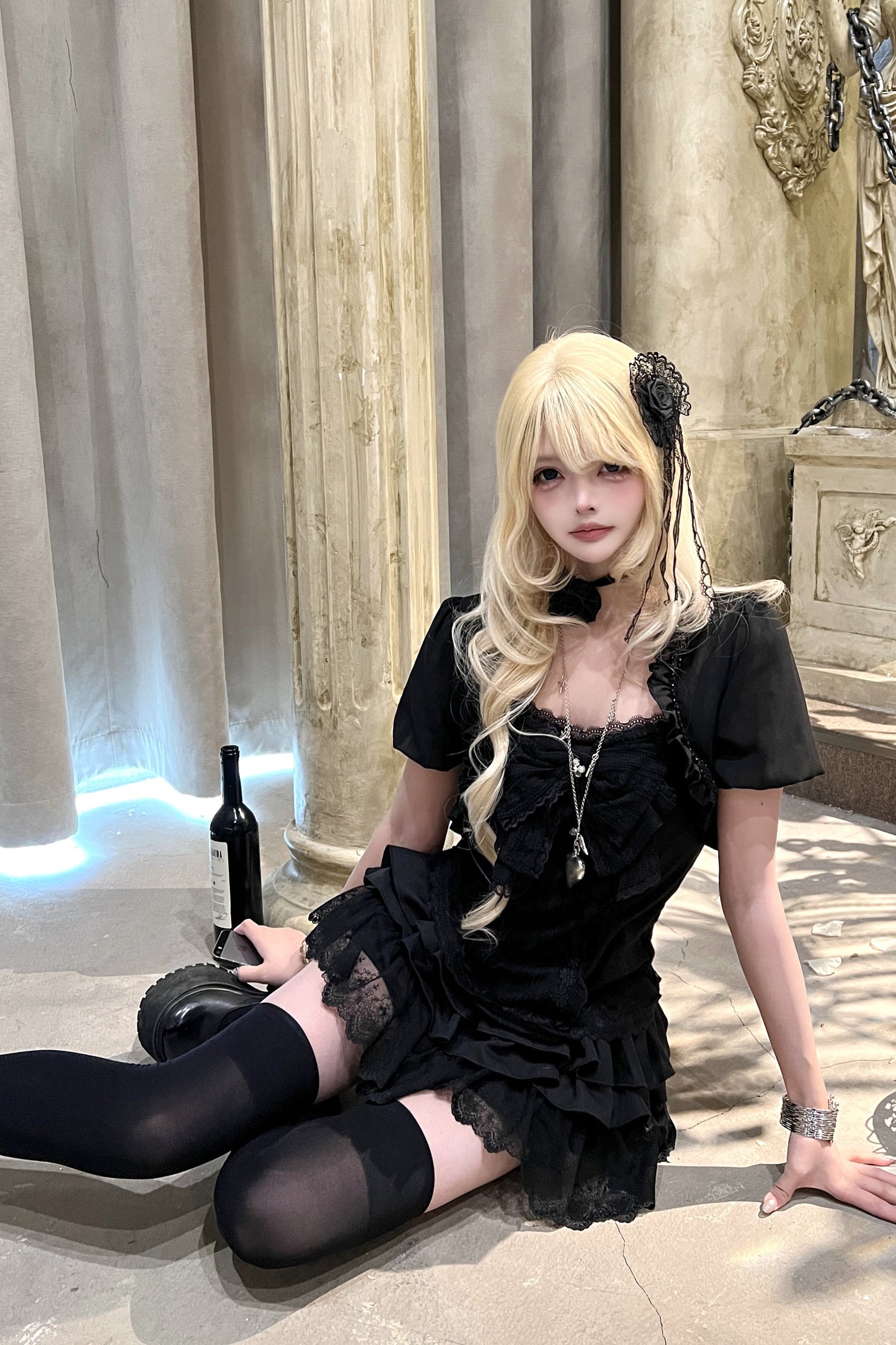 Gothic Black Lace Camisole and Skirt Set