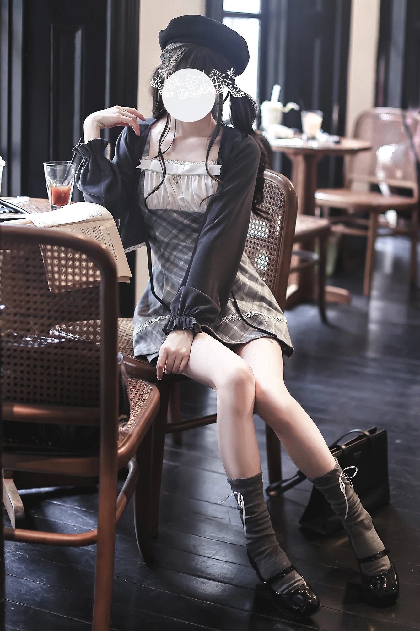 Knit Cardigan And Plaid Suspender Dress Set-Up