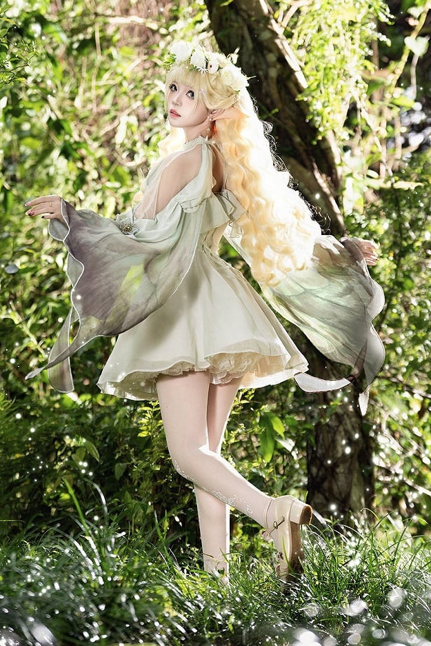 【10月15日予約締切】Forest Fairy Lolita Style Green & Beige Wing Sleeve Cape Dress