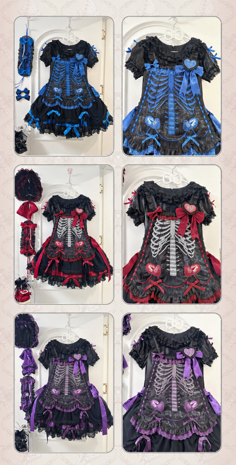 【11月4日予約締切】Blue-Black/Red-Black/Purple-Black Gothic Lolita Puff-Sleeve Lace Bow Doll Dress With Bone Embroidery Apron