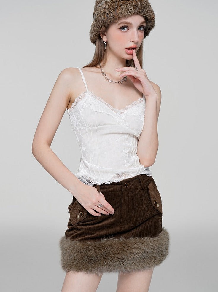 Brown Pofferket Corduroy Hip Skirt