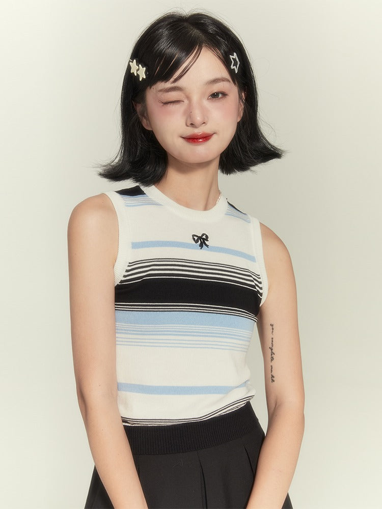 Border Ribbon Summer Knit American Retro No Sleeve Tops