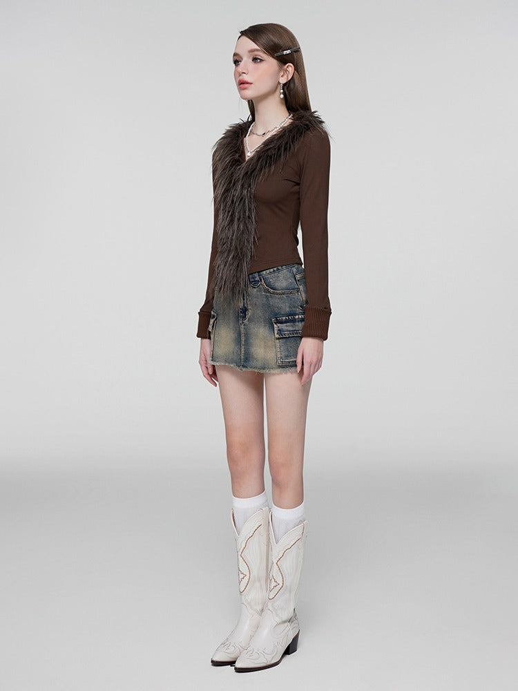 レトロブラウンスリムVネックファートップス