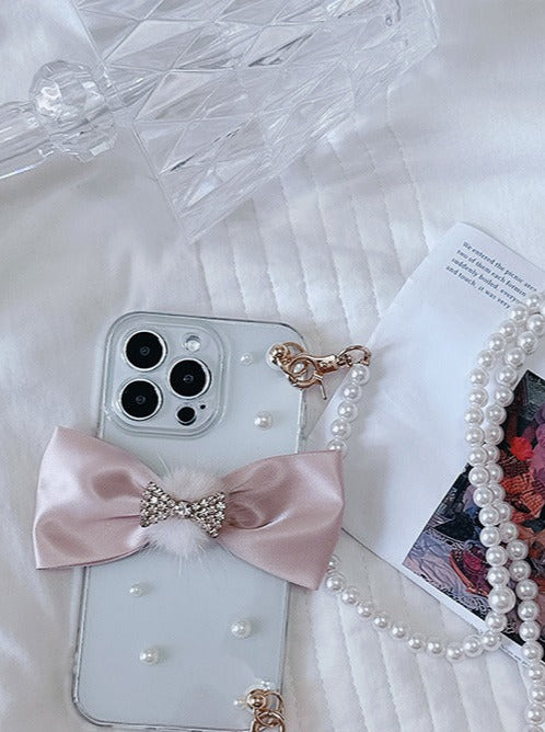 진주 체인 라인스톤 리본 밍크 모피볼 스마트폰 케이스