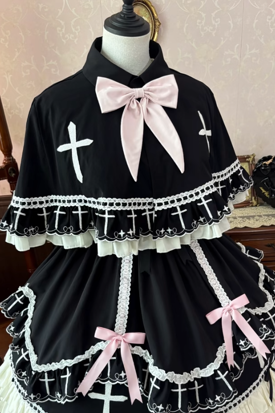 【10月4日予約締切】Black Pink Gothic-Inspired Sweet Lolita Ribbon Ruffle Dress+Cross Embroidery Ribbon Cape