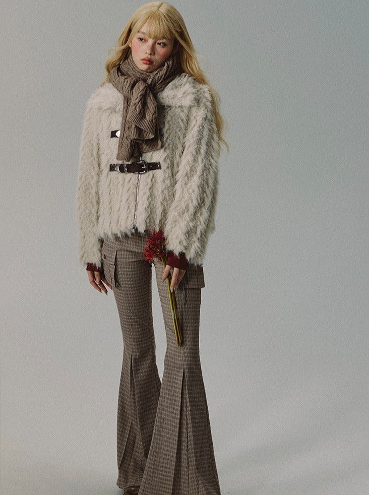 Medium Old Small Lapel Embossed Belt Fur Jacket