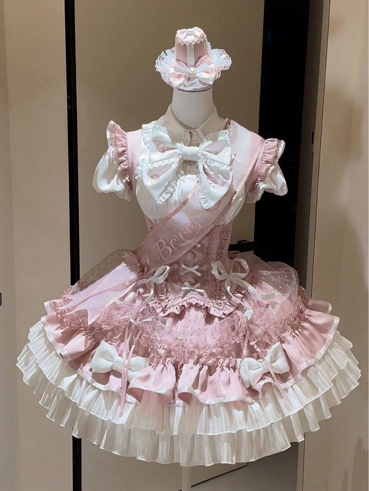 【5月12日予約締切】ピンクホワイトスイートロリータアイドルリボンパフスリーブシャツ+コルセットチュールプルアップJKSドレスセットアップ