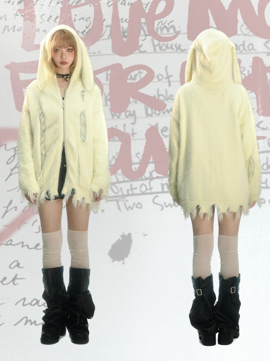 うさ耳フードリップドシャギーファーニットカーディガン