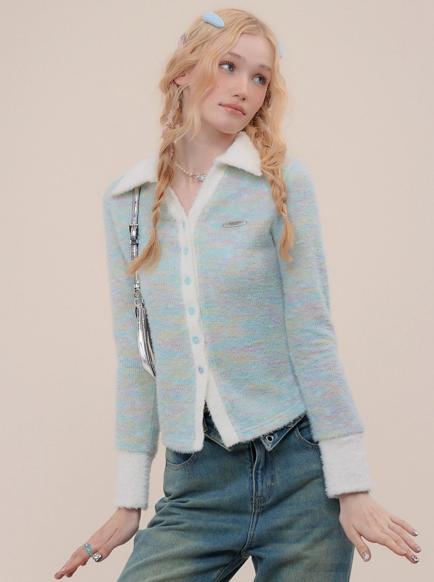 美式复古针织彩色马球领开衫