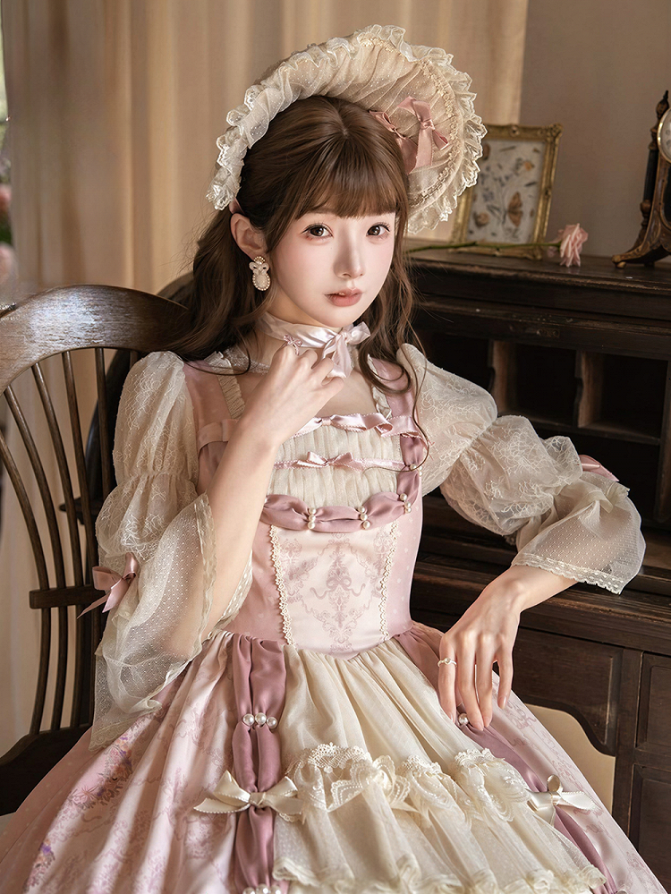 【4월 26일 예약마감】로코코 앤티크 레이스 티어드 리본 핑크 로리타 원피스 + 보닛