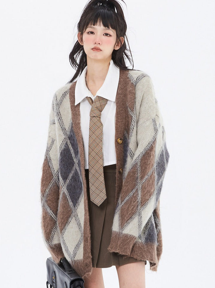American Retro Diamond Cardigan Loose Lazy Style Knit + Skirt