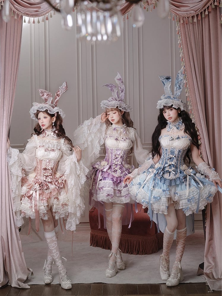 【4月8日予約締切】スウィートロリータバニーレースコルセットトップ+姫袖シャツ+スカート+バルーンパンツ