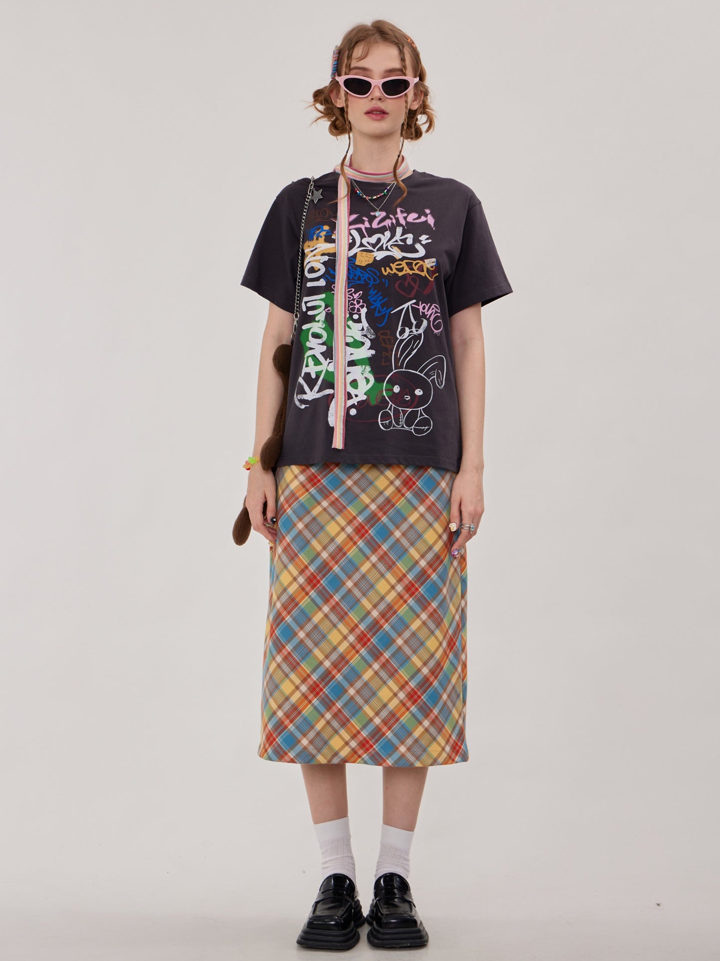 Retro Colorful Check Tight Long Skirt