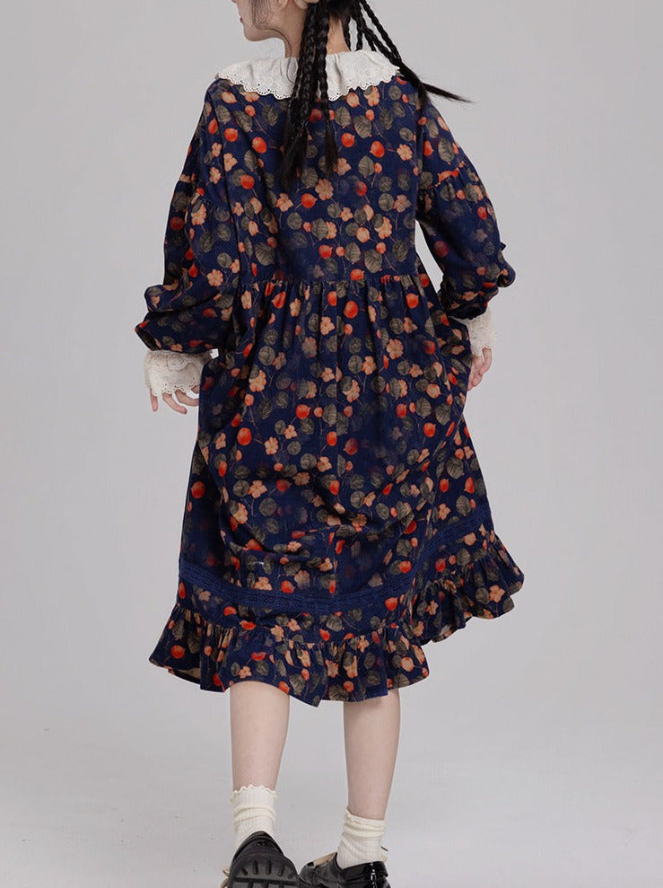 蕾丝领灯笼无袖复古碎花连衣裙