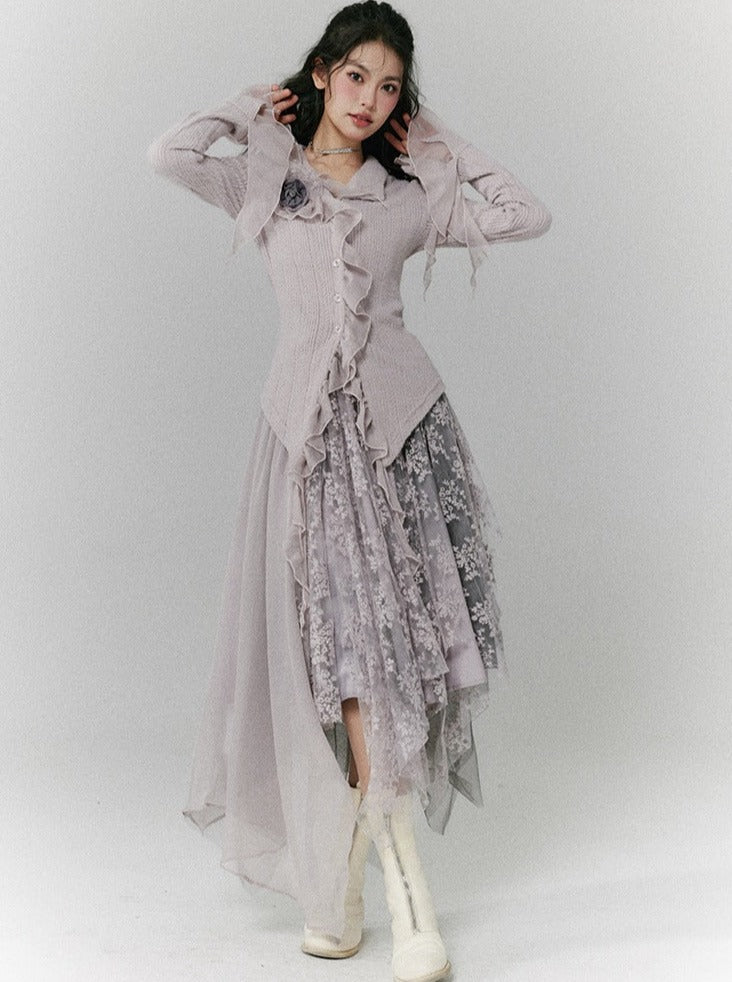 High Waist Asymmetrical Sheer Floral Skirt