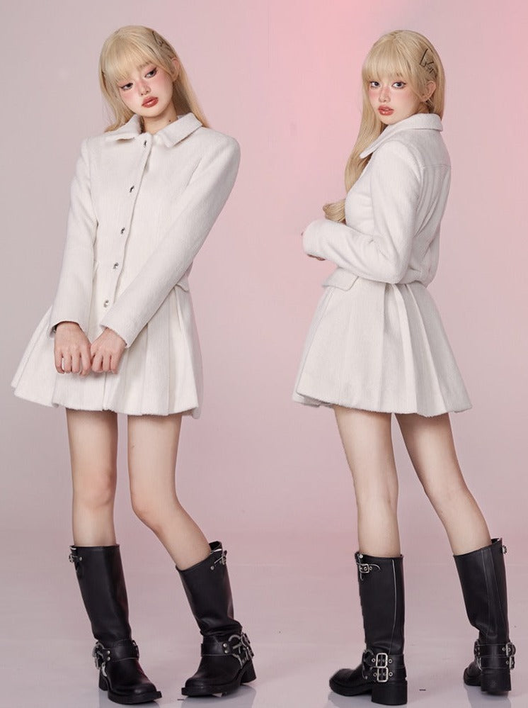 French milk middle pleated wool coat