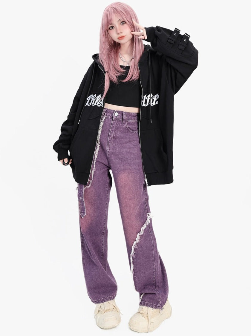 ウォッシュドパープルハートベルトワイドパンツ