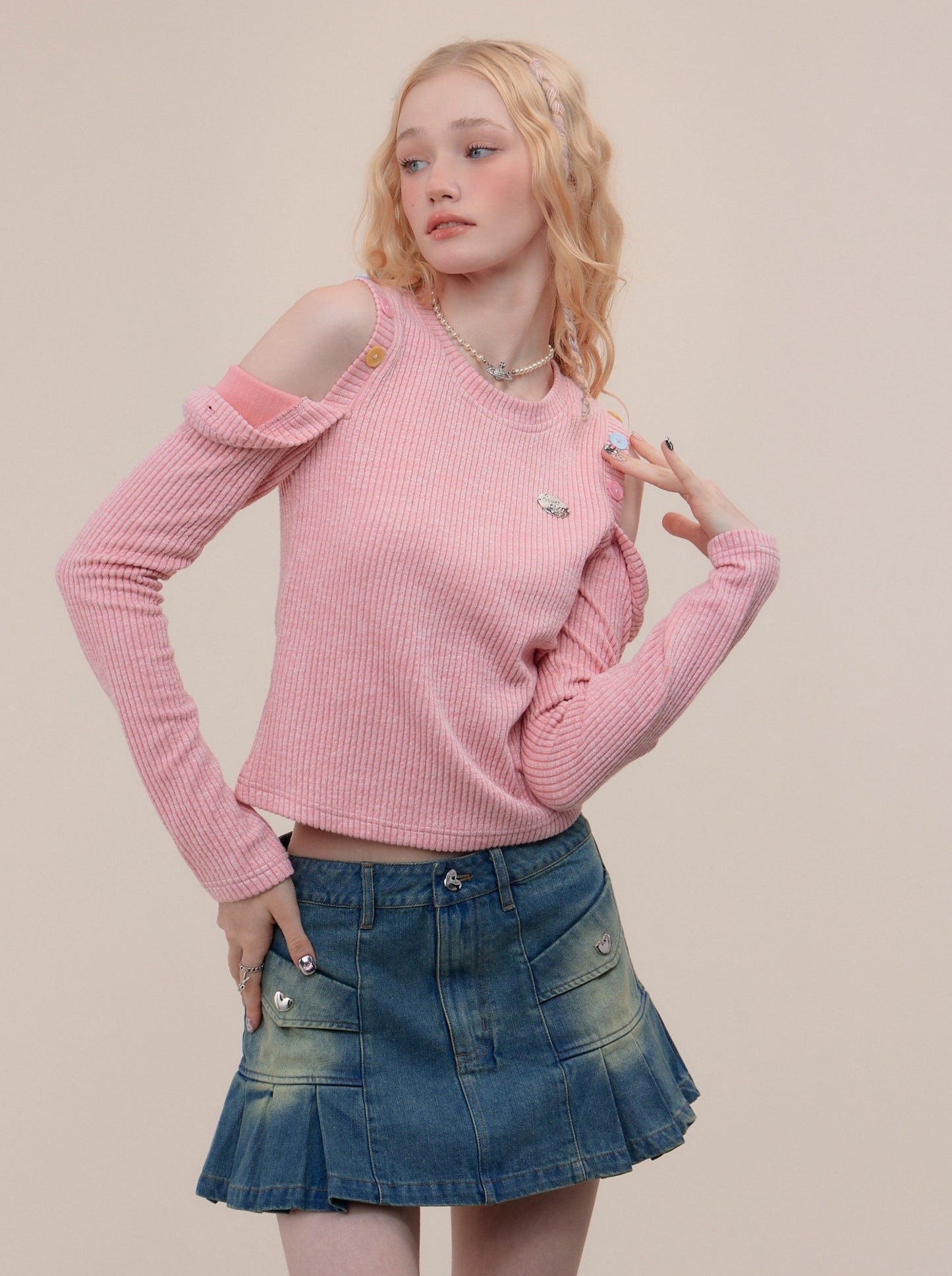 Rétro américain Épaule ouverte Tricot côtelé