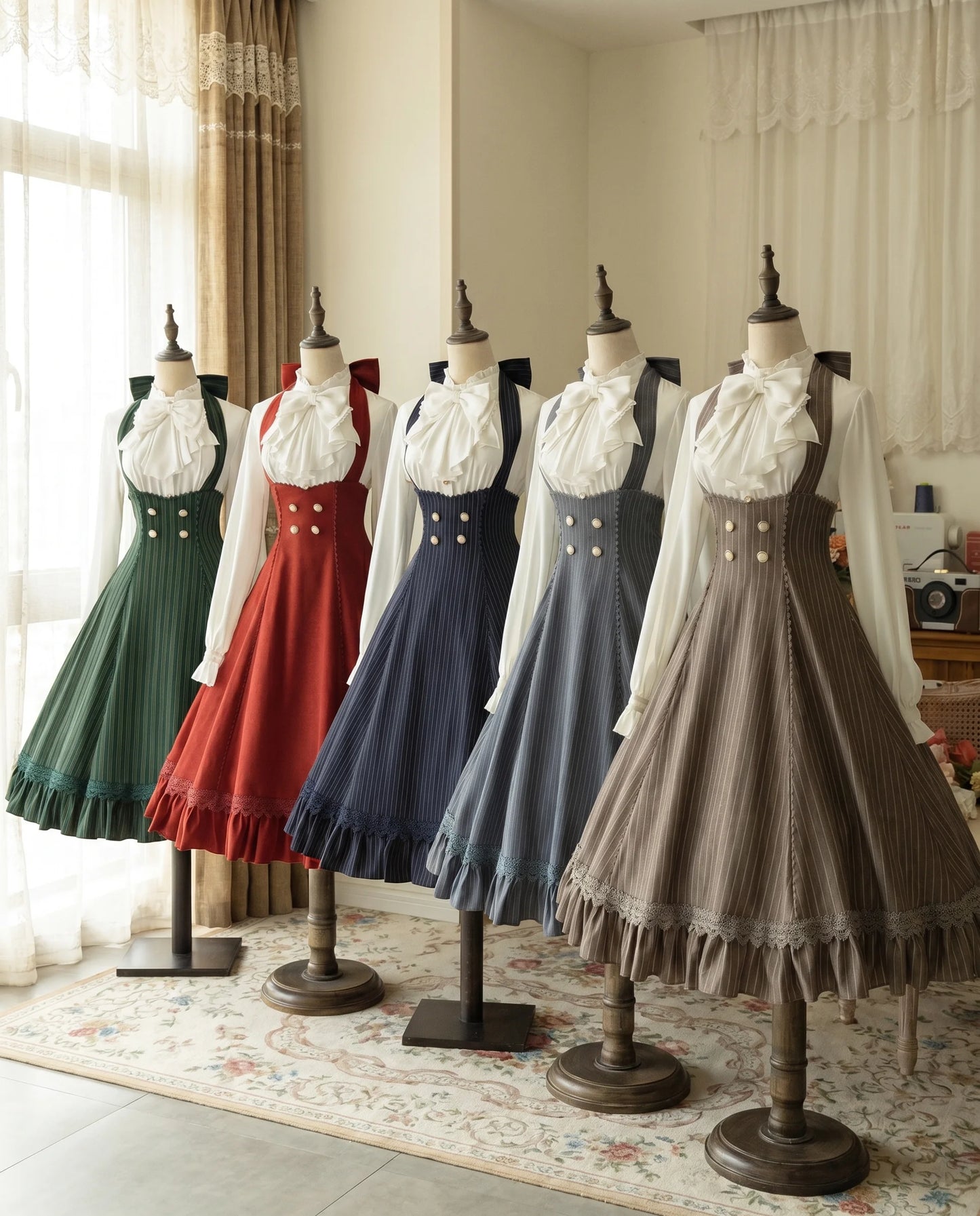 Große Schleifen-Bluse + Retro-Hosenträgerrock