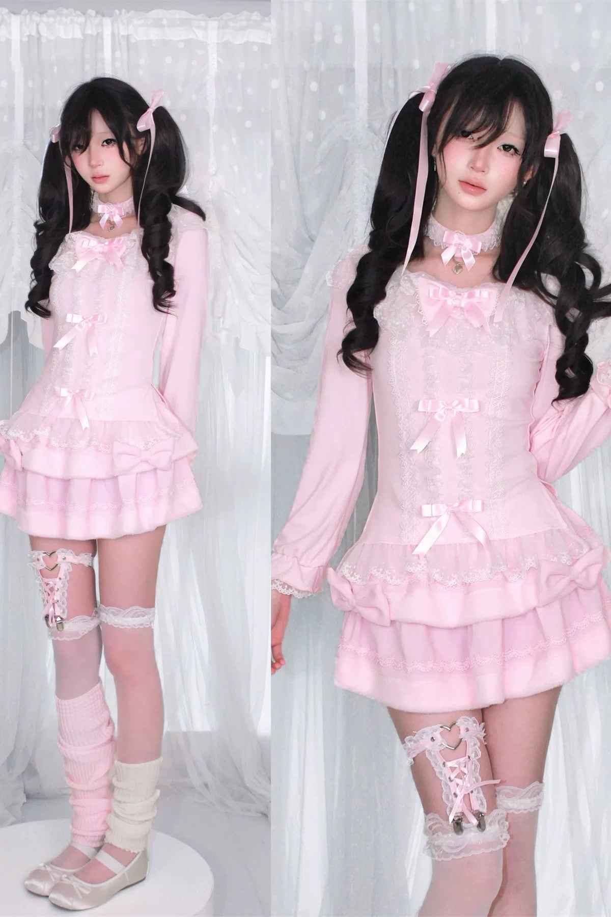Multi-Layered Lace Bow Long Sleeve Top