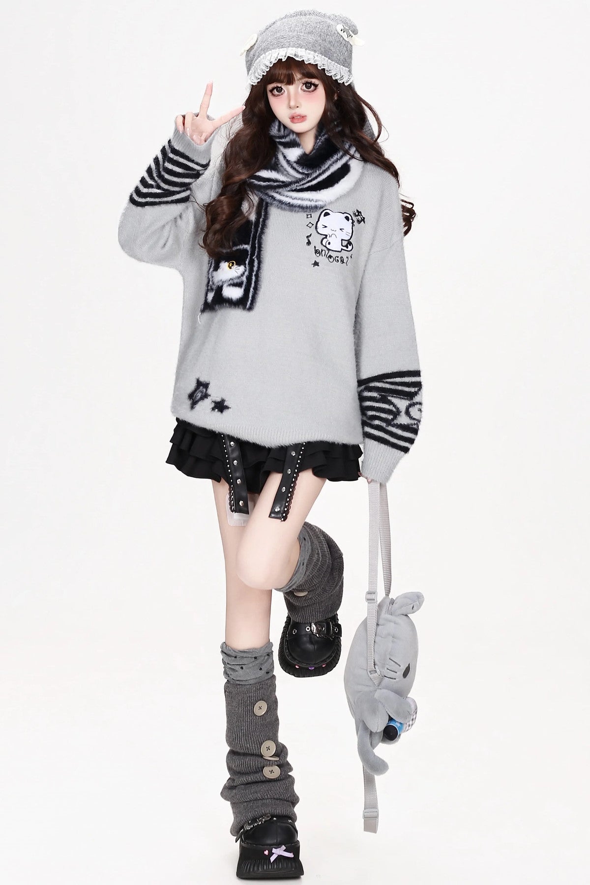 Cat Striped Knit Pullover Sweater