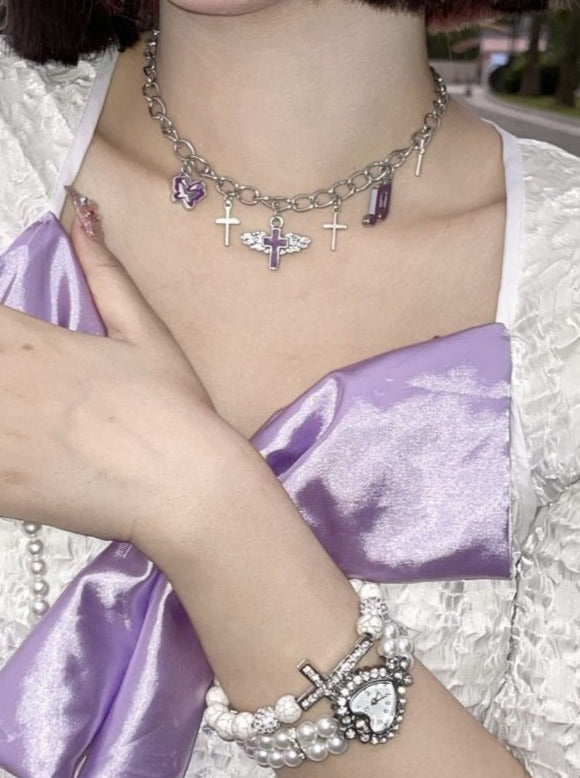 2連パールハートウォッチブレスレッド クロスラインストーンデザインプレスレッド - LilyBlack