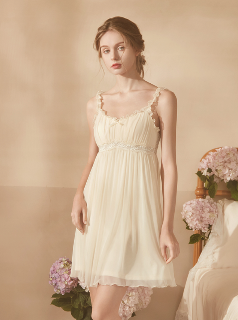 Sheer ribbon mini dress room wear