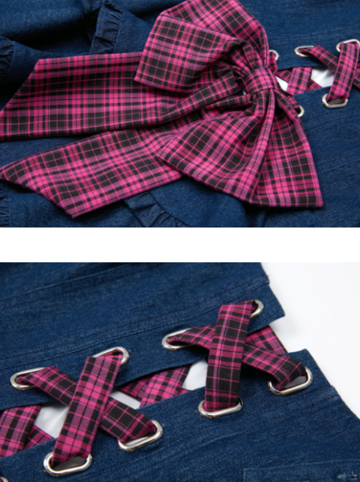 Check lace-up tiered sass dress