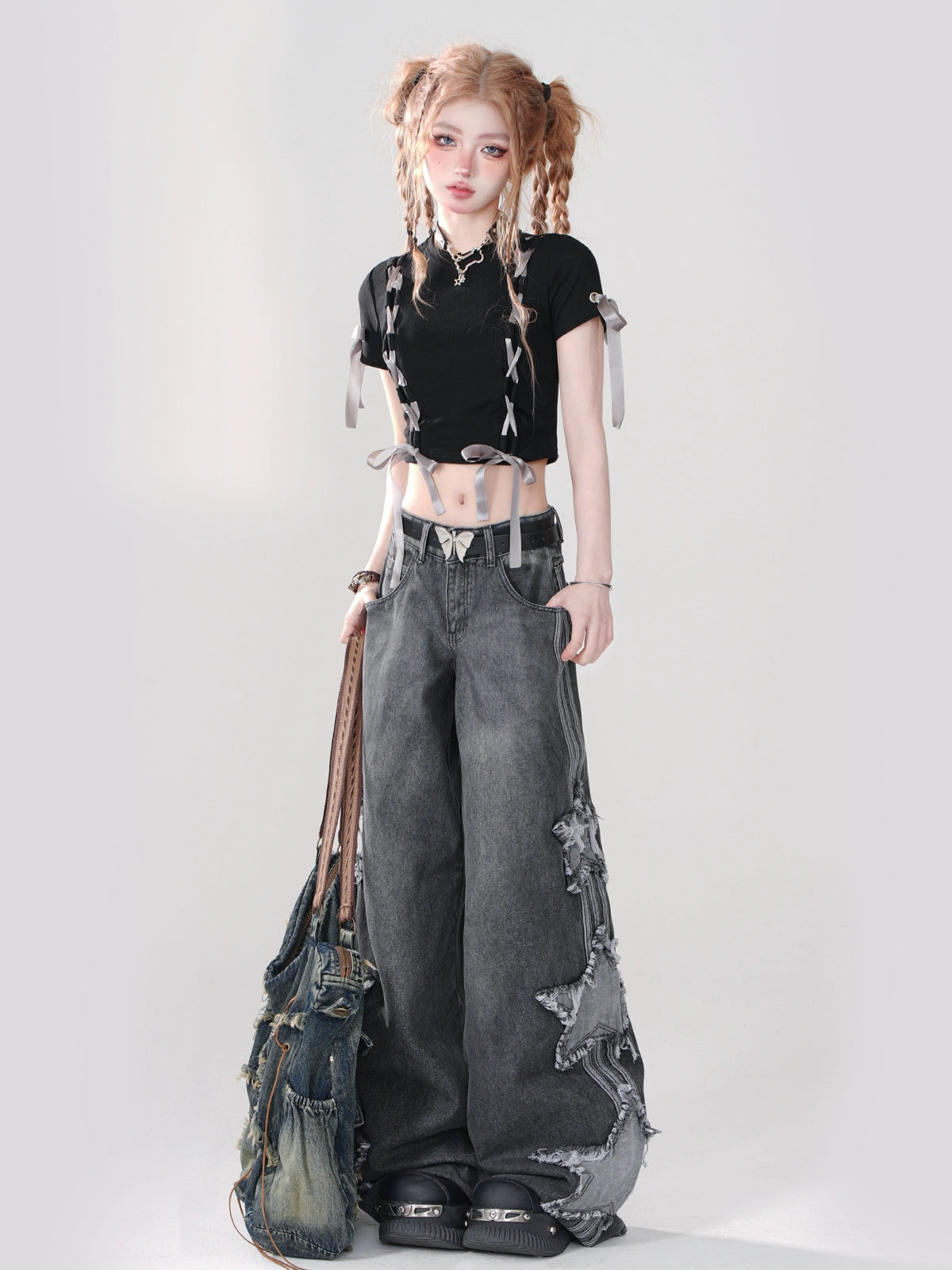 ラブノットブラックリボンデザインショートTシャツ