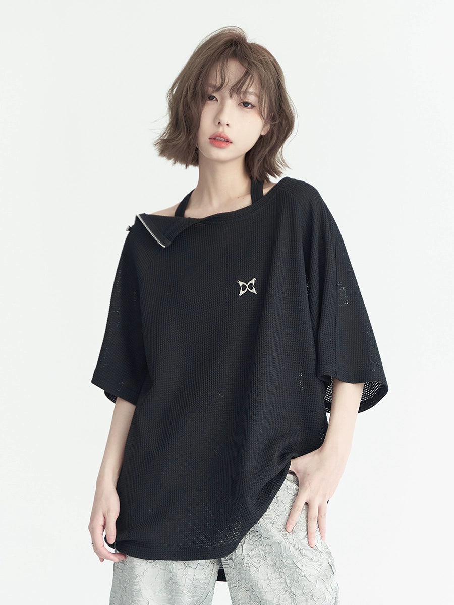 센터 포인트 숄더 집업 티셔츠