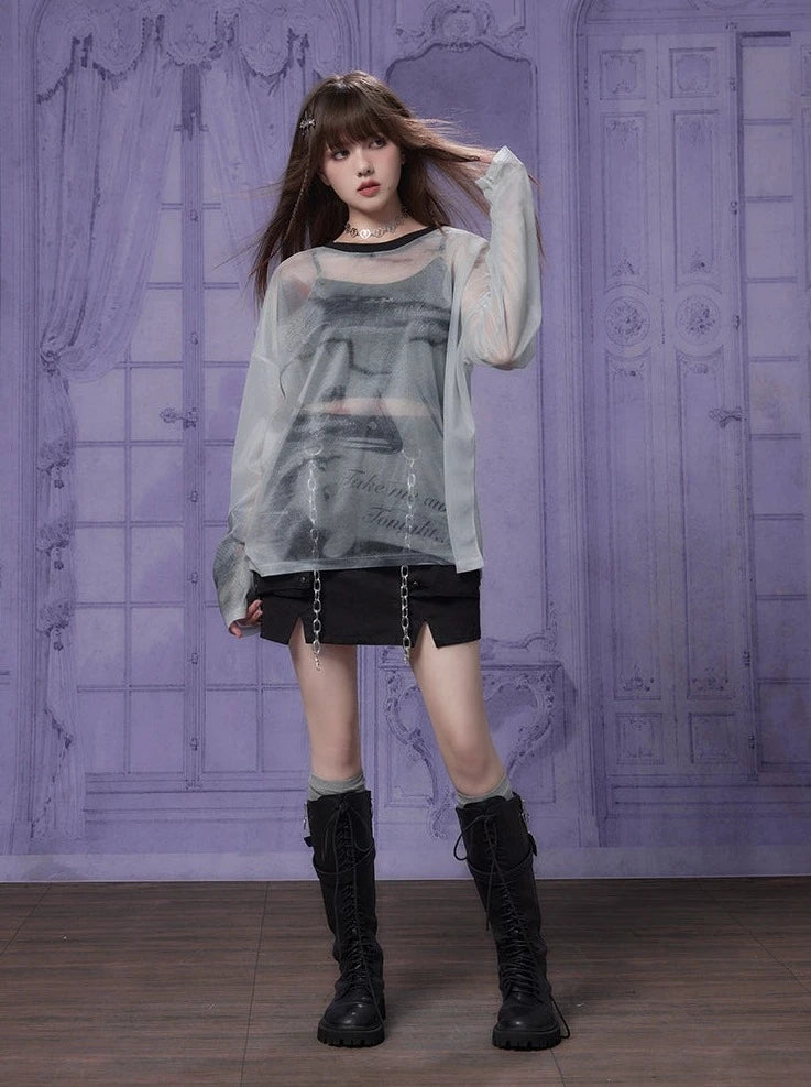 Gray Print Mesh Sheer Mode Top