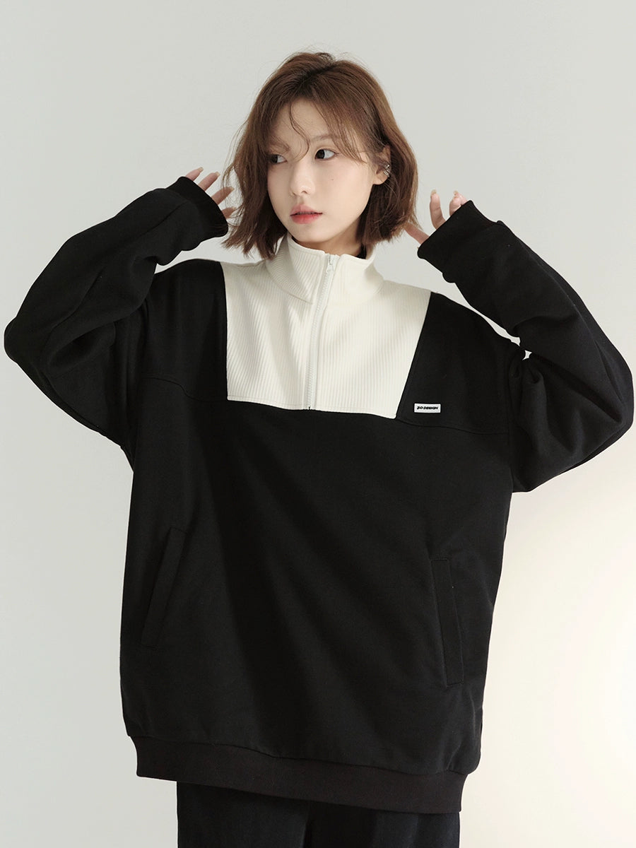 コントラストカラーハーフジップスタンドカラートップス