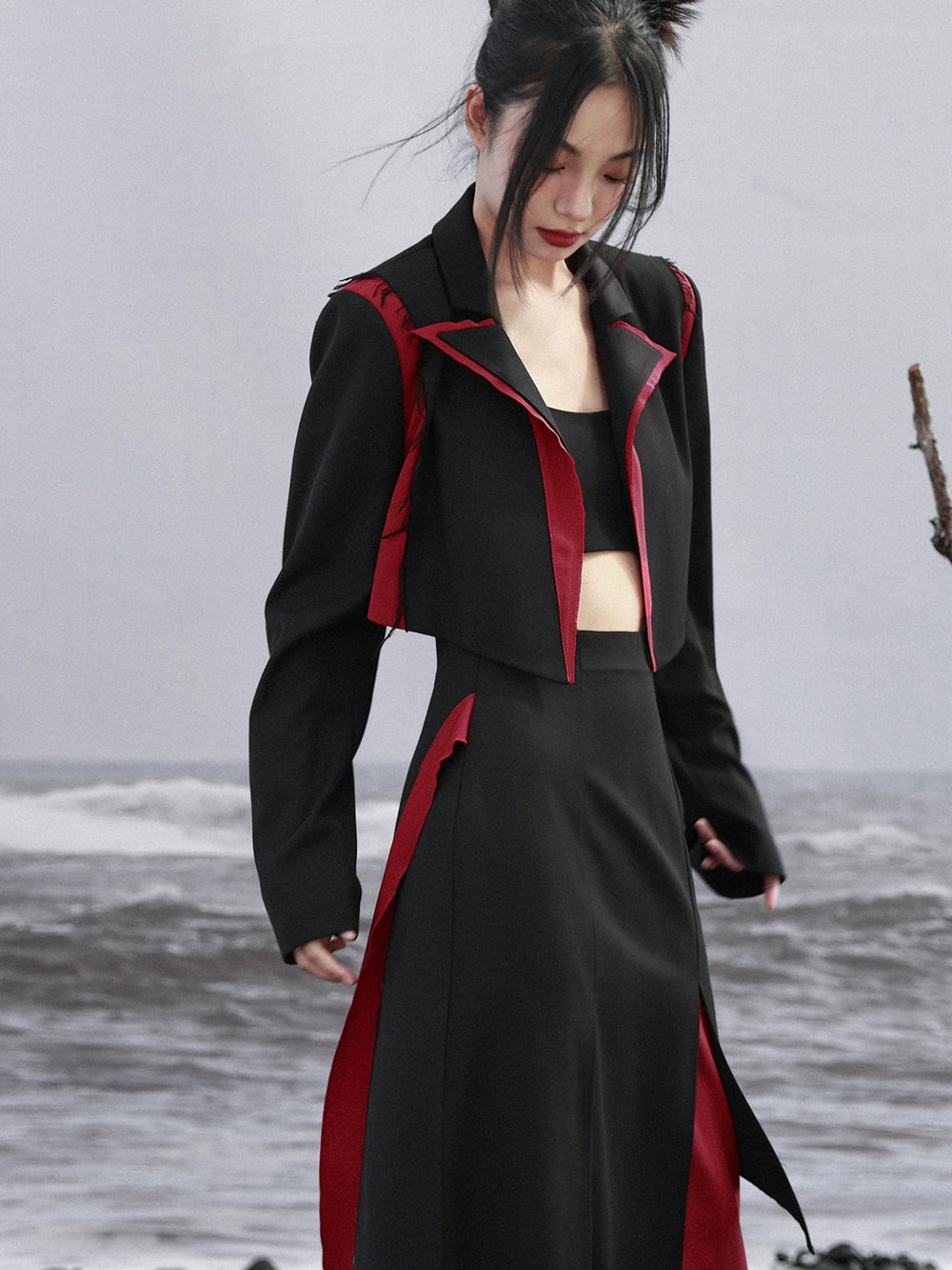 ハイウエストブレザーステッチコントラストカラーシンプルトップス