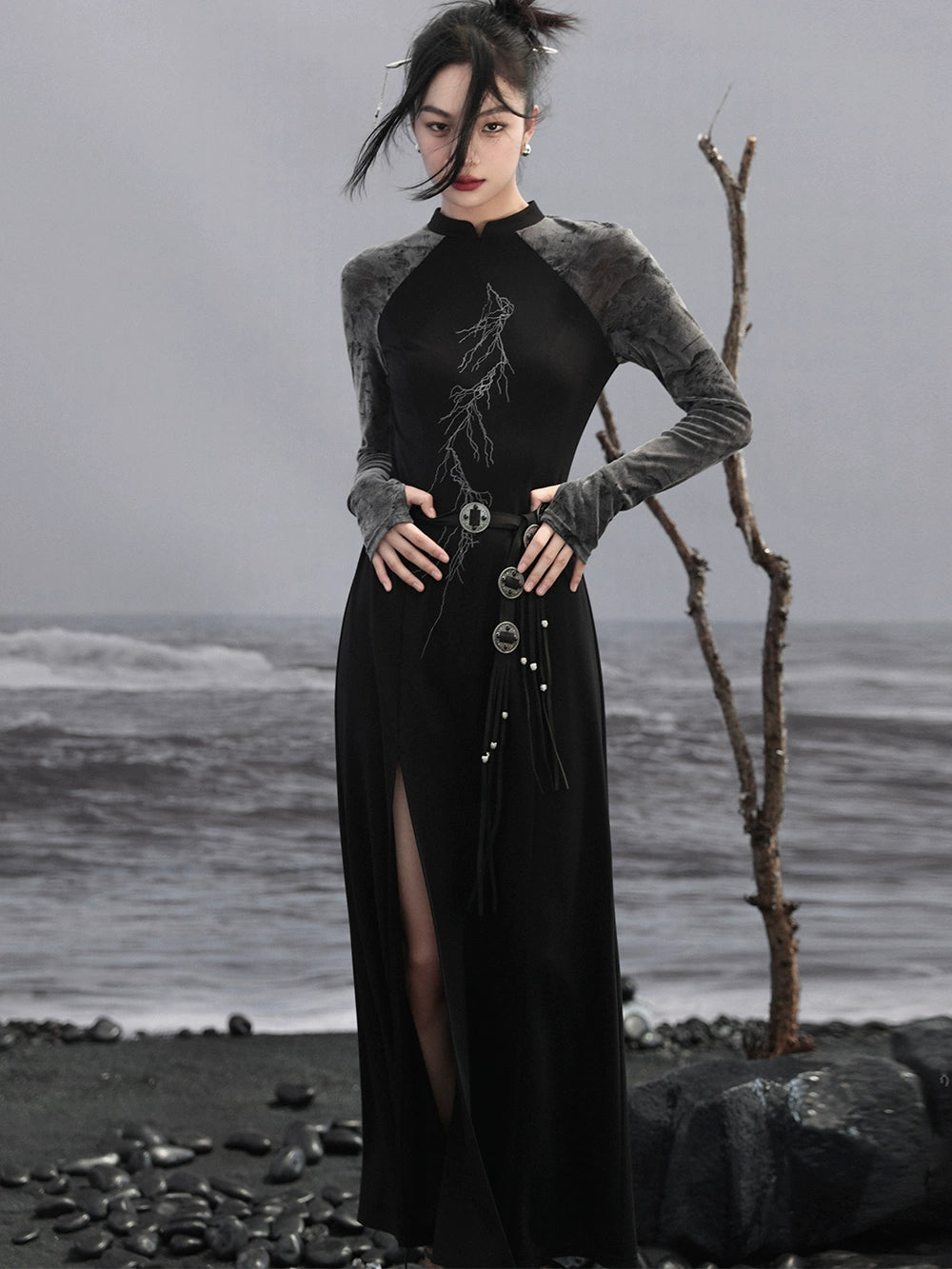 中式双色开衩连衣裙