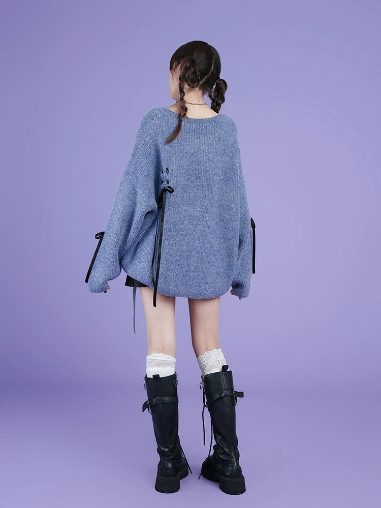 スモーキーブルーリボンオーバーニット