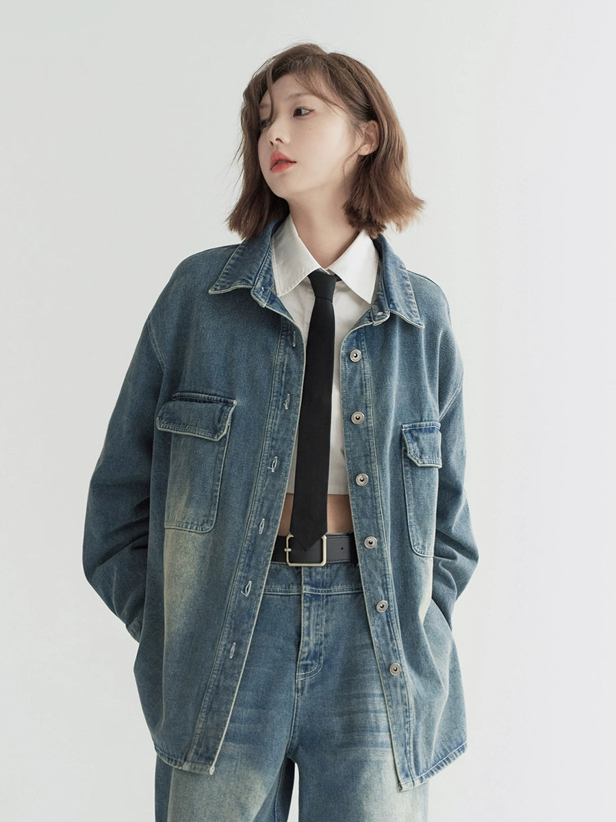 워싱 데미지 데님 재킷