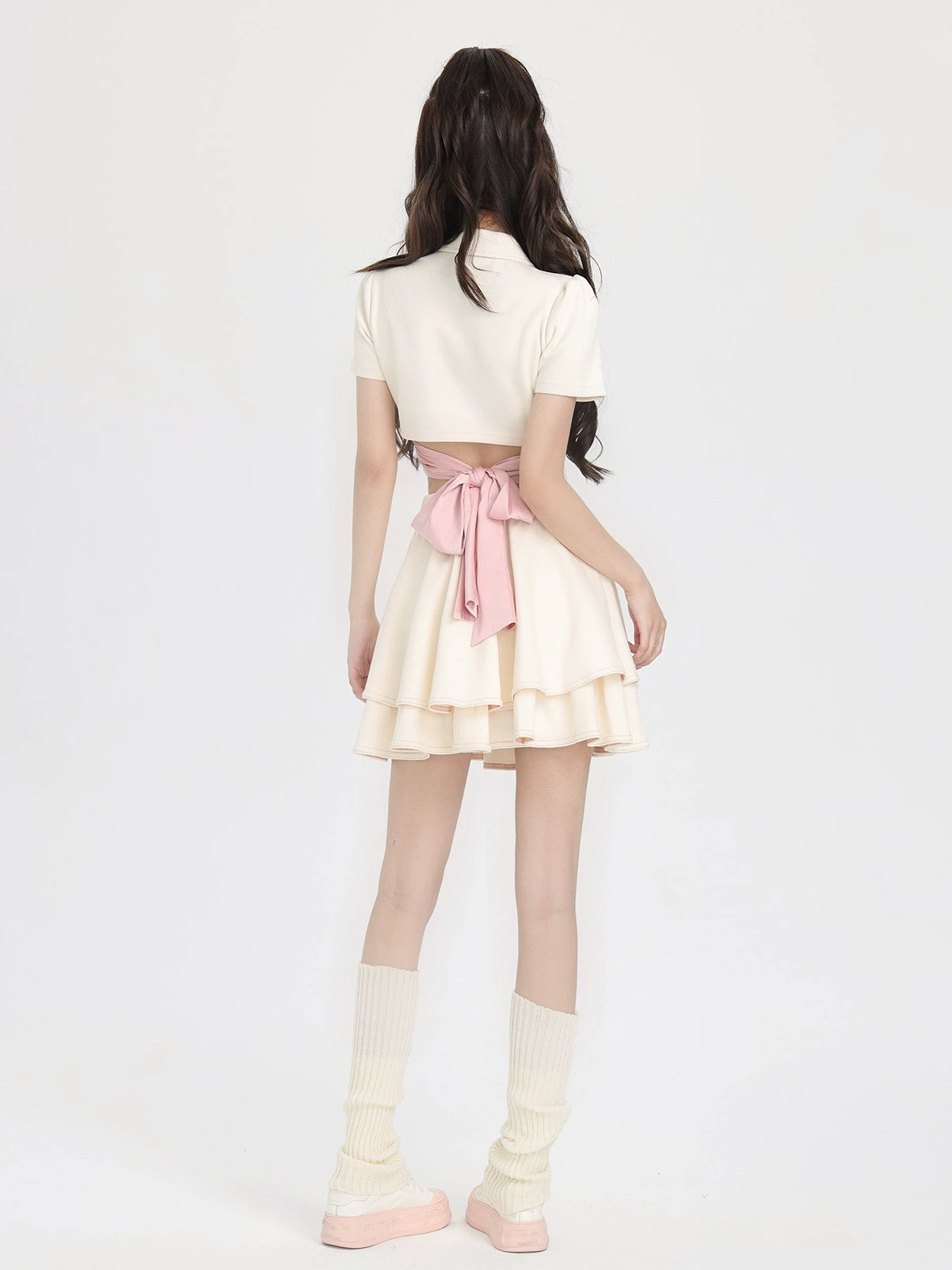 Short polo collar shirt with back ribbon + ballet style skirt